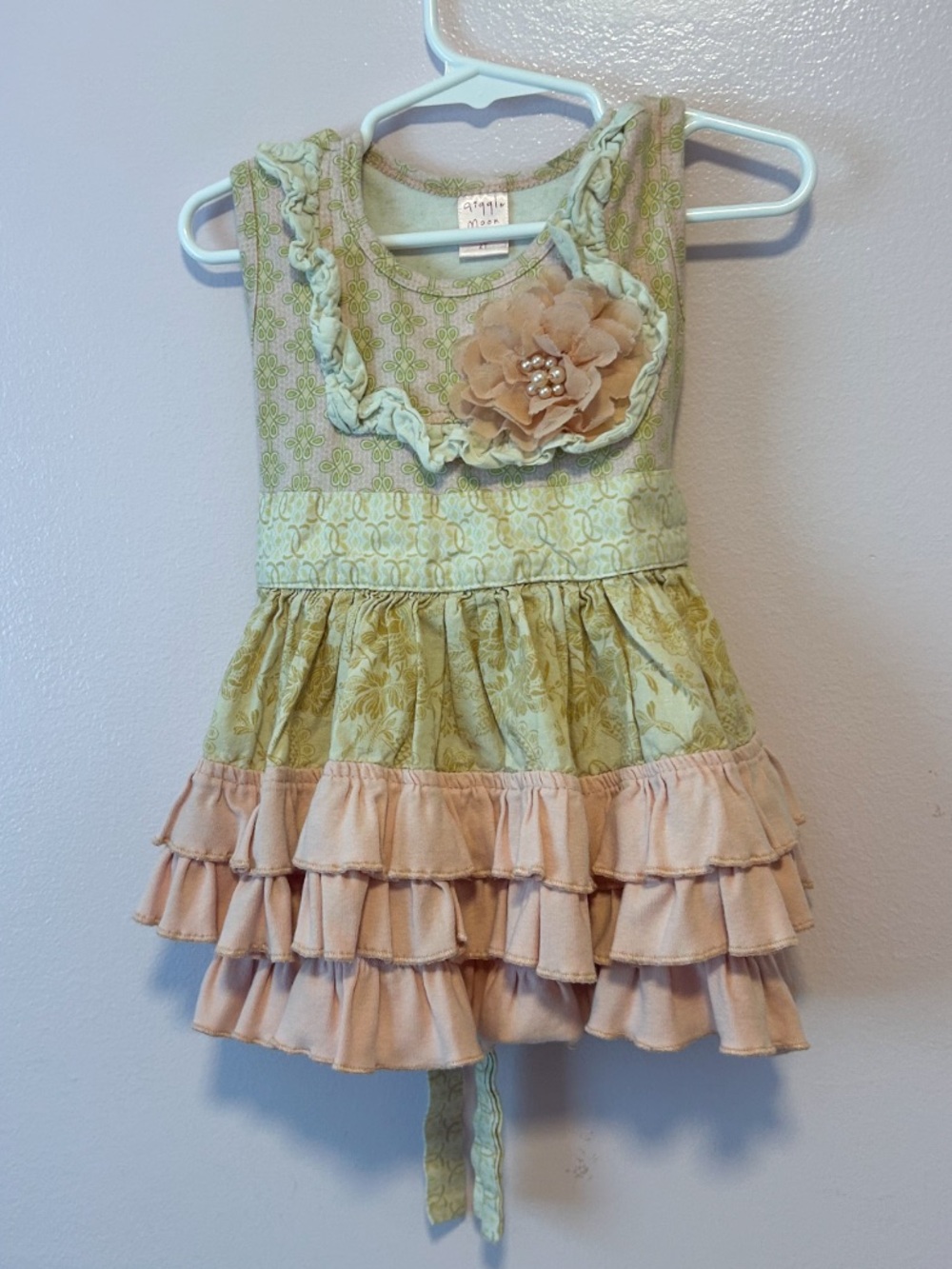 Giggle Moon Pink and Tan Ruffle Tunic with Pearl Flower Sz 2t